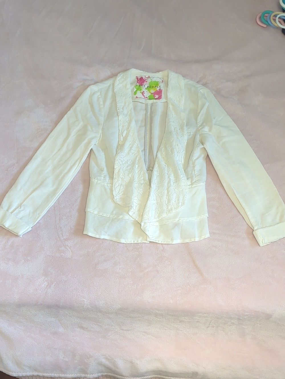 Free People Cream Open-Front Embroidered Linen Blazer